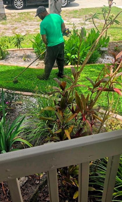Person mowing a sunlit lawn with a push mower, spraying grass clippings