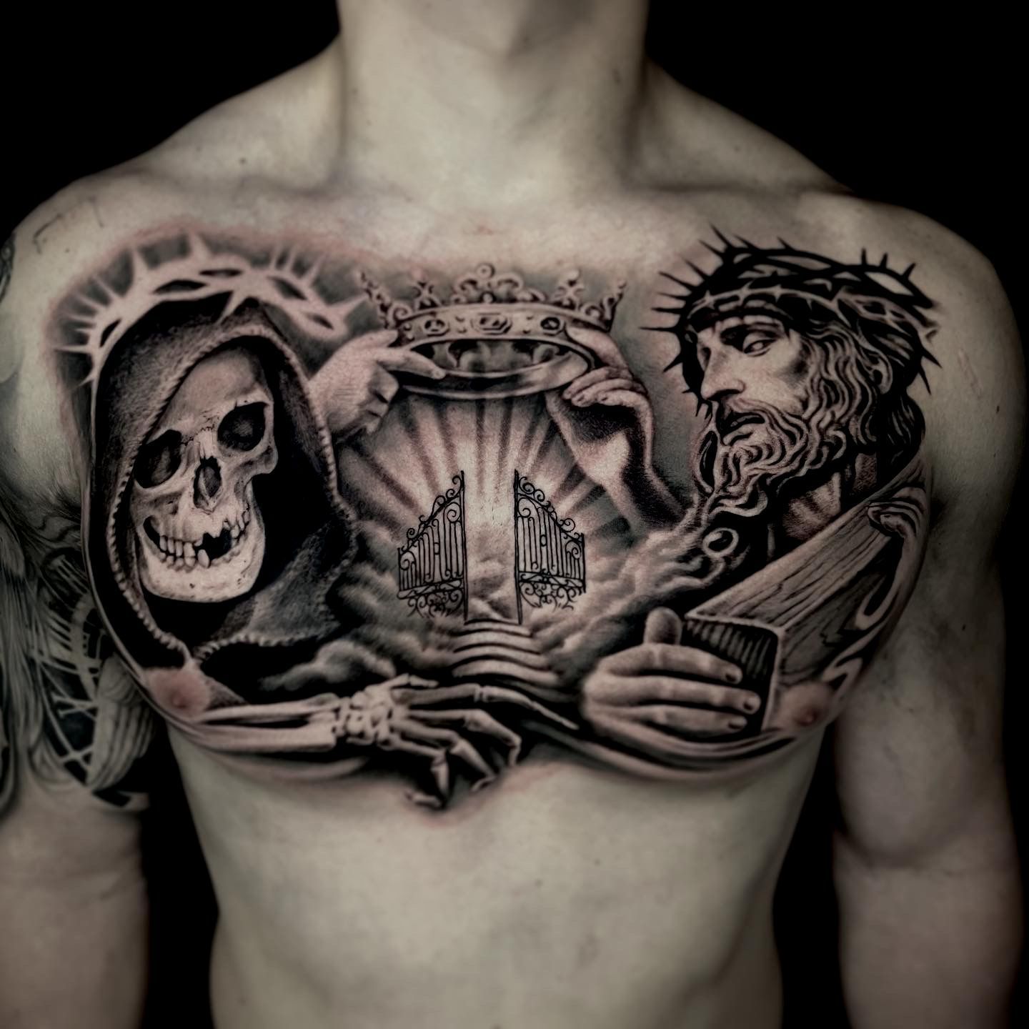 Religios Grim Reaper Jesus Black and Grey Realism Tattoo by @Luisd_art | Black Craft Tattoo Collective Miami