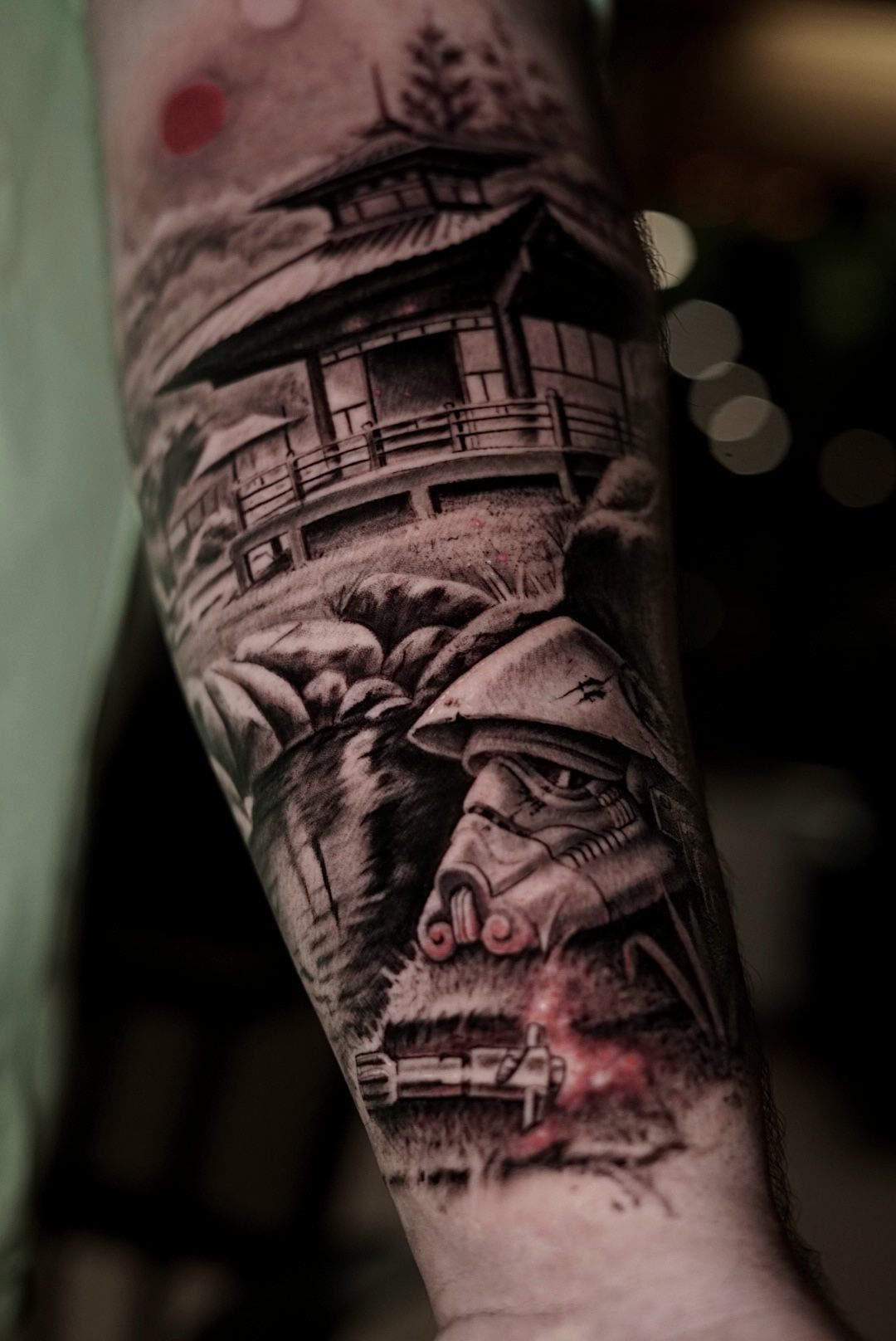 Pagoda Japanese scenery realism by @Luis_art | Balck Craft Tattoo Collective Miami