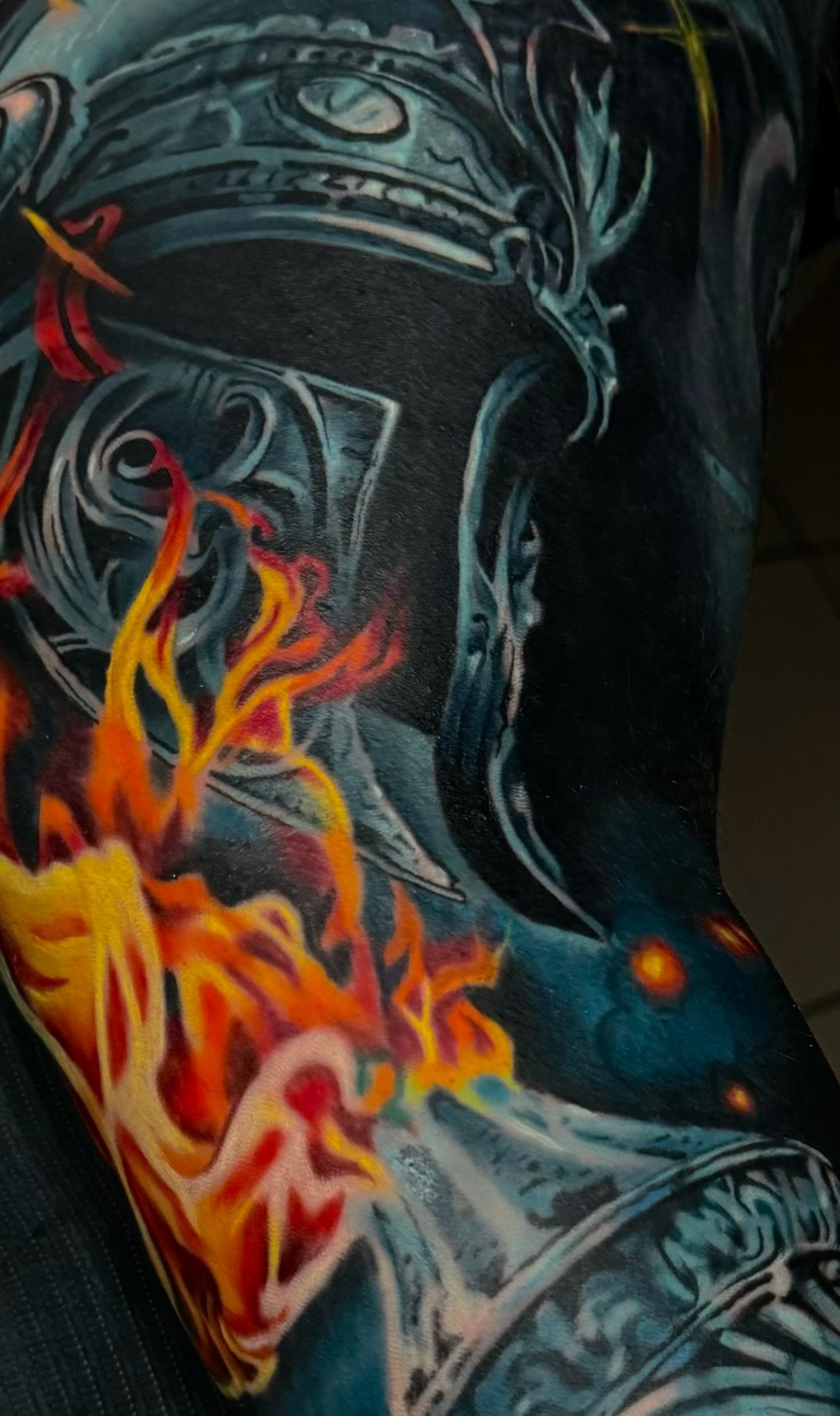 inner arm cover up tattoo of a warrior helmet @yorlandi | Black craft tattoos Miami