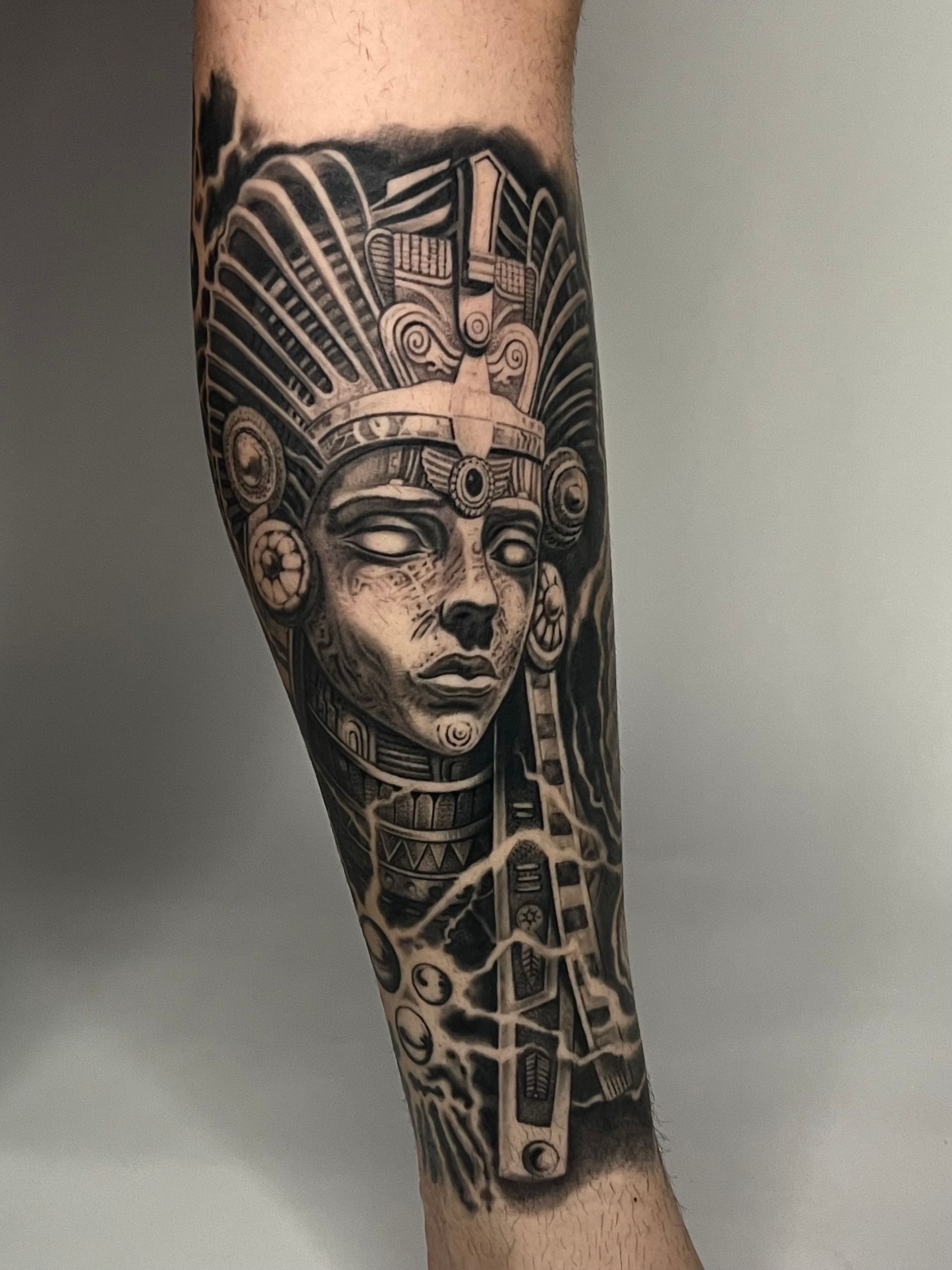 Custom Egyptian black and grey tattoo by Alexis Torres Ink Artisan