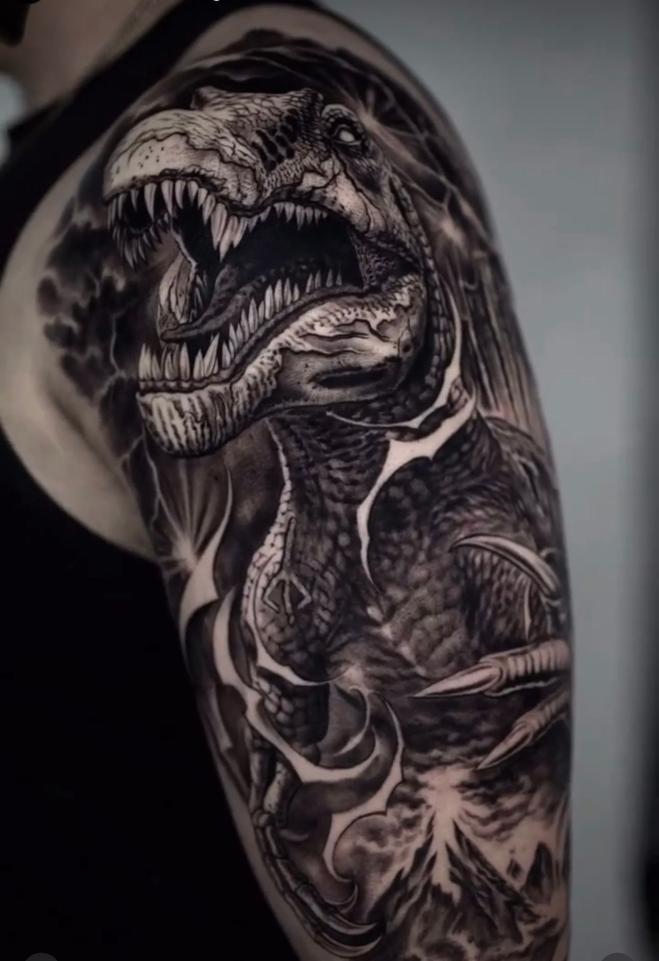 Black and grey realism T-rex tattoo @ink.artisan | Black craft tattoos| Miami