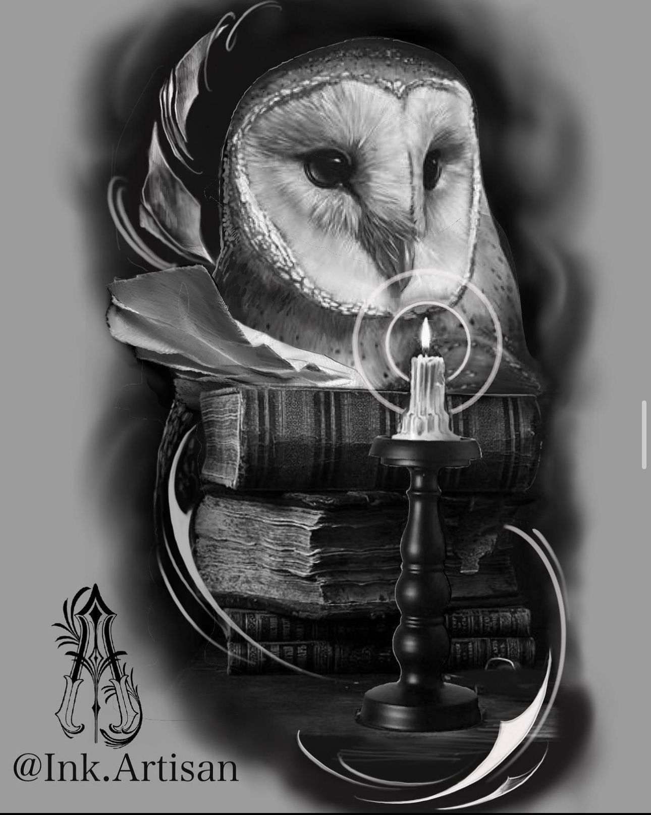 Owl atop books with a lit candle, in grayscale. Available tattoo design|Black Craft Tattoo Collective Miami