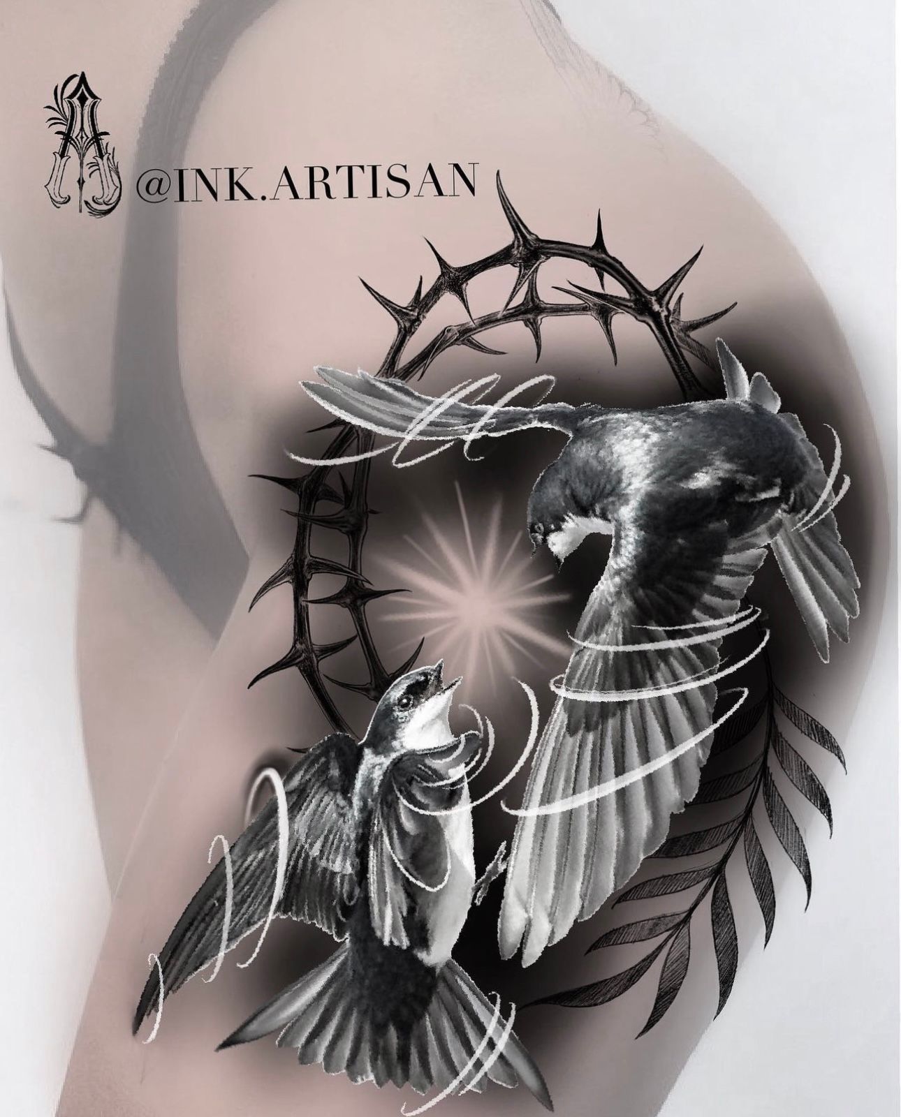 Two birds in flight, inside a thorny crown tattoo. Available tattoo design. @ink.artisan|Black Craft Tattoo Collective Miami