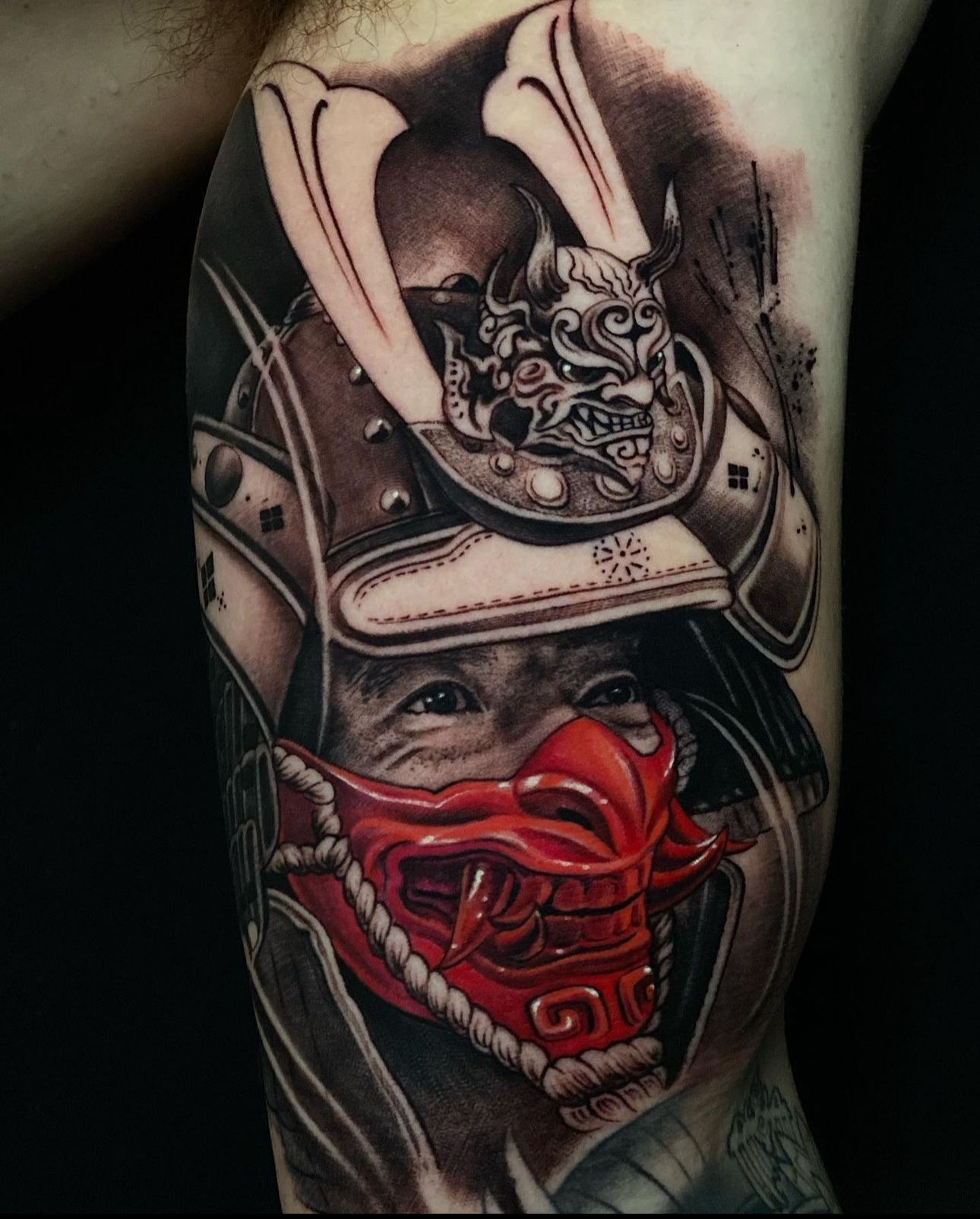 black and grey Samurai tattoo @ink.artisan | Balck craft tattoos Miami