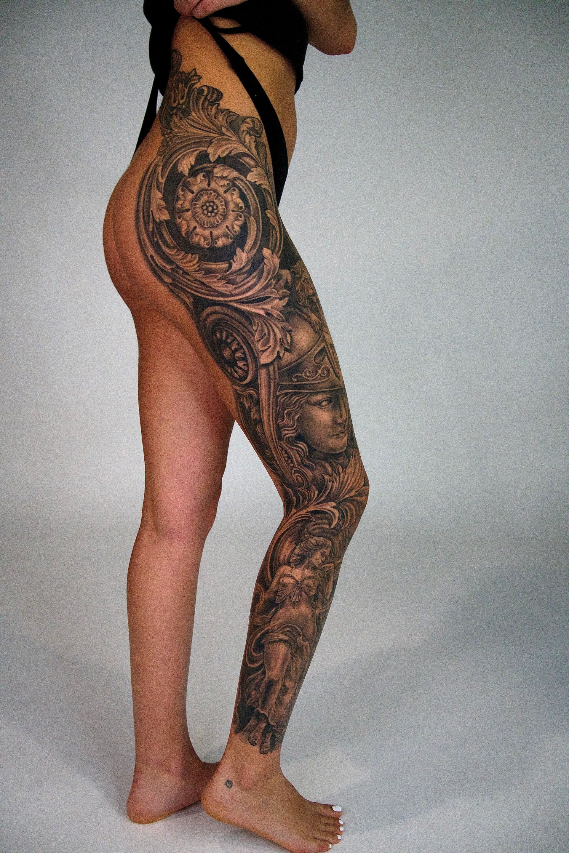 Alexis @ink.artisan multiple sessions on this female leg piece thigh and calf tattoo | Black Craft Tattoo Collective Miami