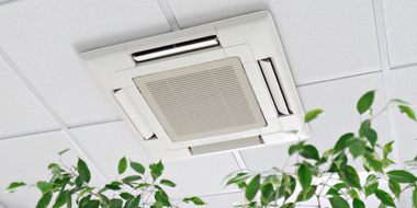White ceiling air conditioner vent above green potted plants