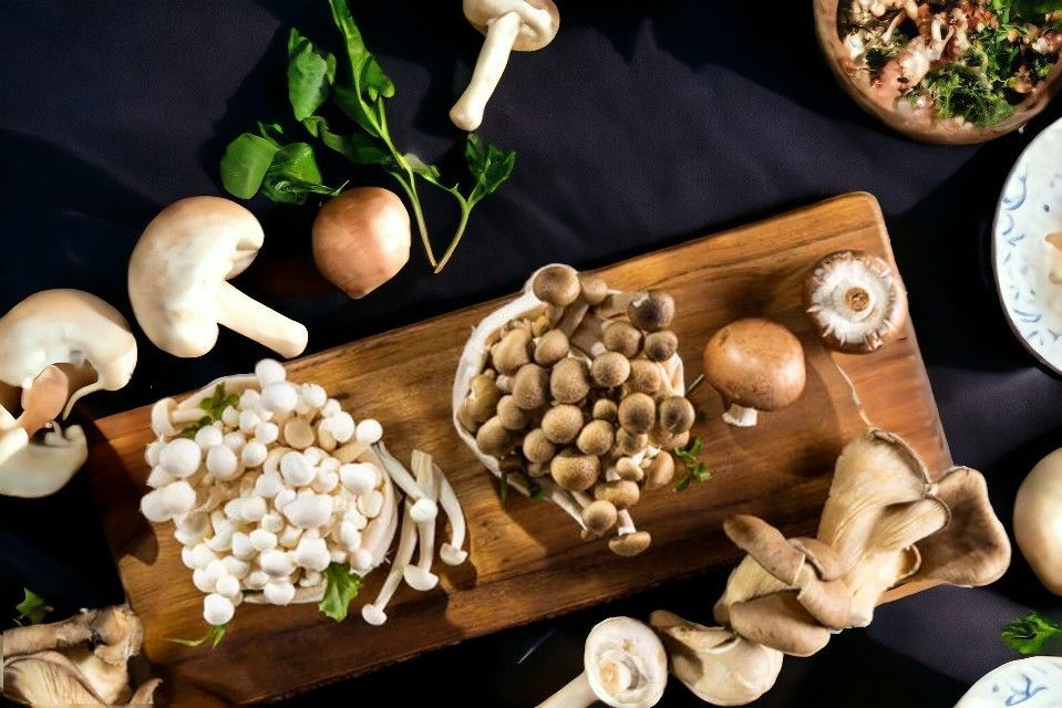 cutting board with edible mushrooms