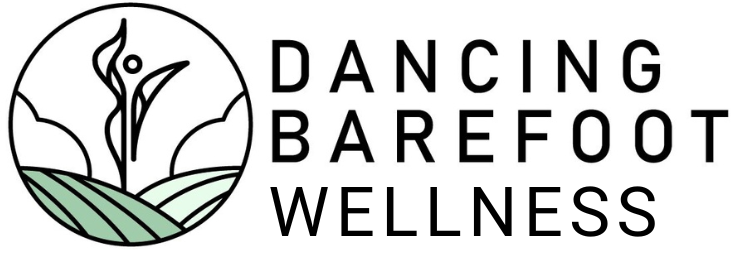 A logo for dancing barefoot wellness with a dancing figure in a circle.