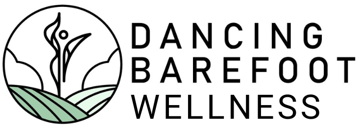 A logo for dancing barefoot wellness with a person dancing in a circle.
