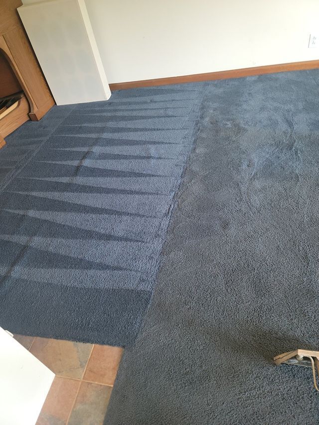 Blue-gray carpeted floor with a striped rug runner near a wall and doorway, plus a small beige item at bottom right