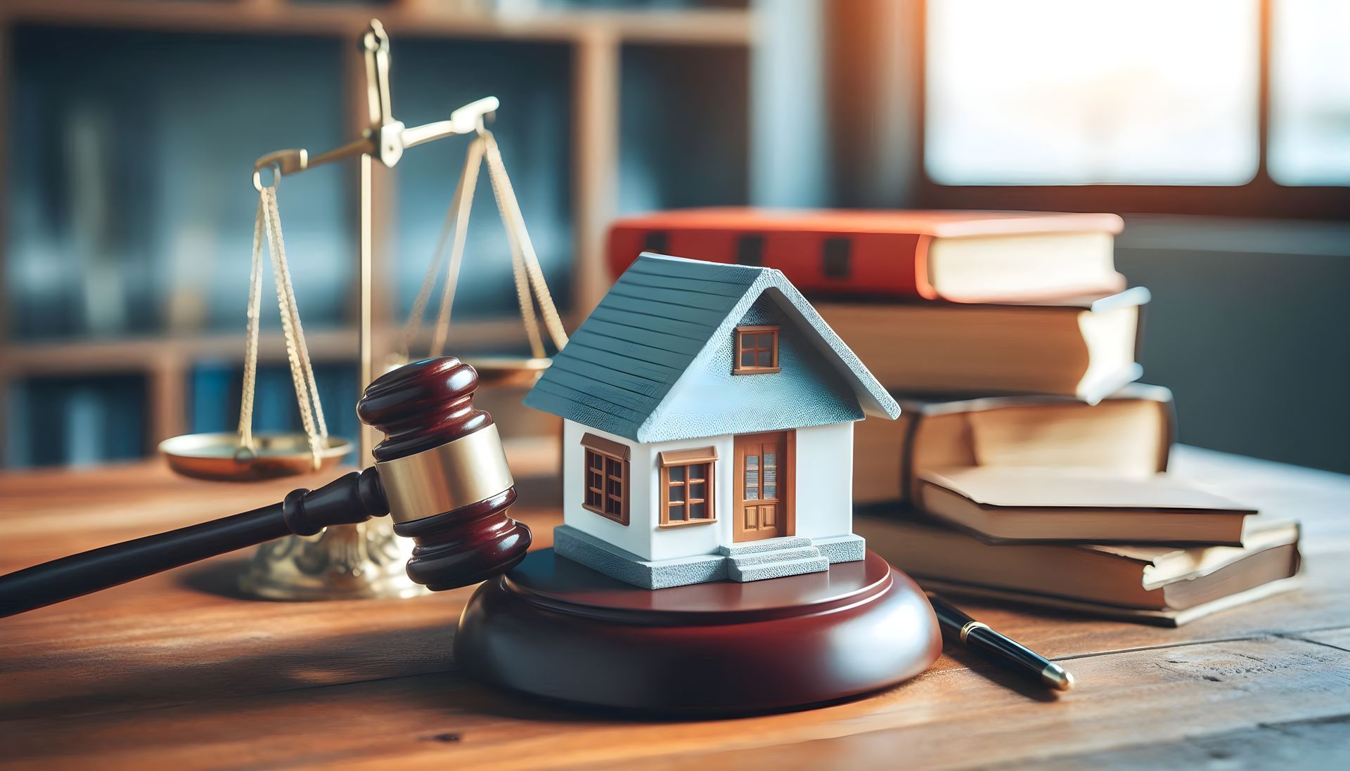 Real estate legal scene with gavel, small house model on a wooden table Real estate legal scene with gavel, small house model on a wooden table