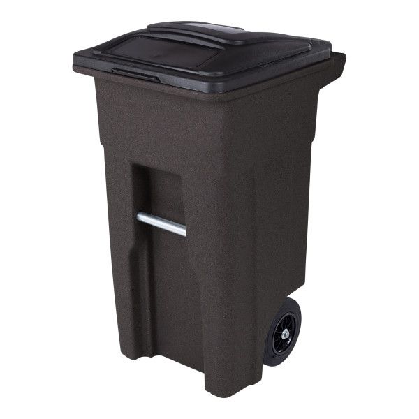 32 Gal. Brownstone Trash Can with Quiet Wheels and Attached Black Lid