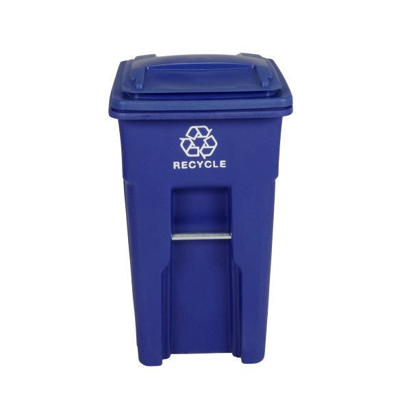 32 Gal. Recycling Blue Trash Can with Quiet Wheels and Attached Blue Lid