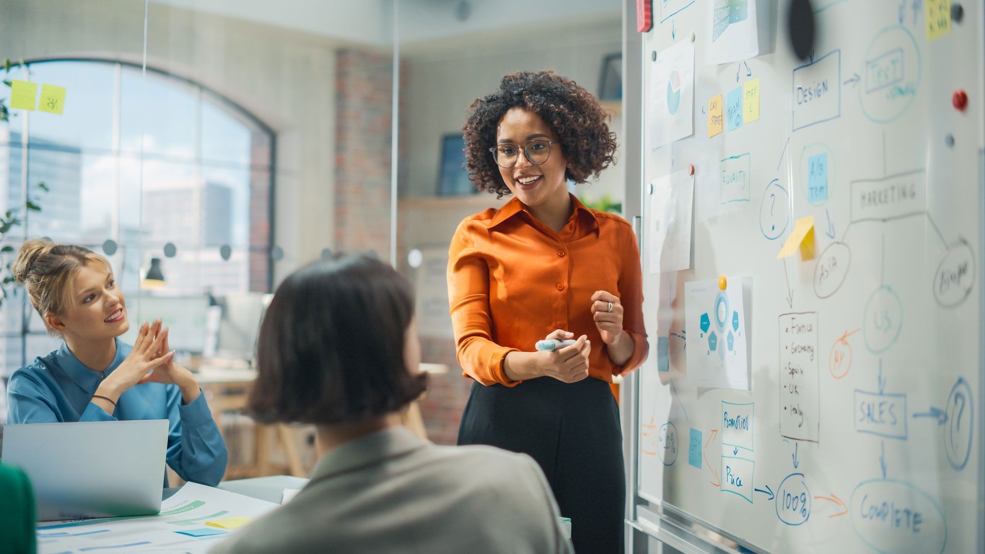 Woman in orange shirt leading a presentation at a whiteboard in an office, with two other women listening.