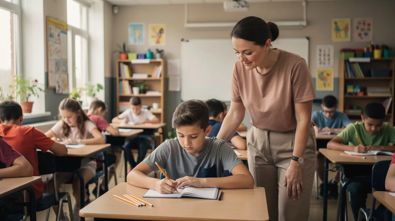 A calm teacher stands beside a student's desk in a classroom, observing as other students work quietly on their assignments. The scene reflects a supportive educational environment where the teacher guides and involves students in their learning process.