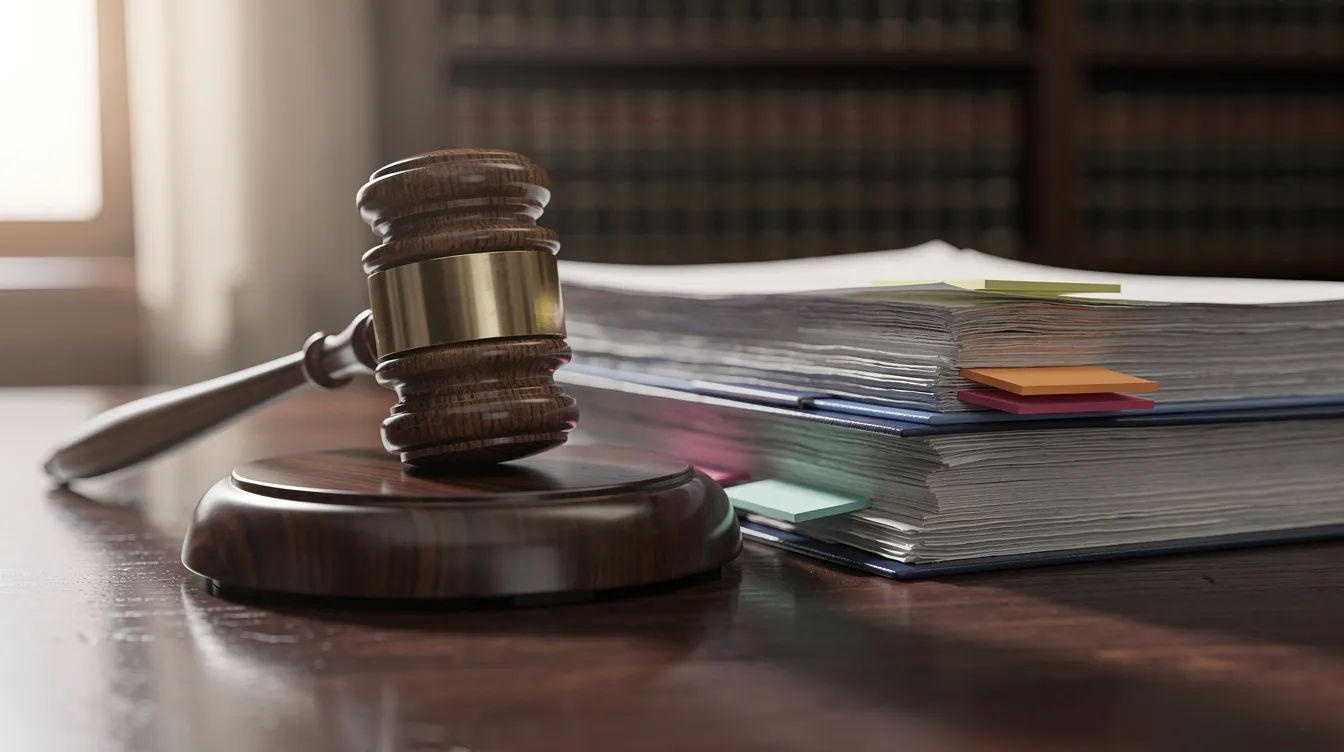 The image features a gavel resting on a wooden desk beside a stack of documents, symbolizing the pivotal role of law and legal processes in managing intellectual property rights and preserving digital materials. This scene emphasizes the importance of effective documentation and preservation practices in maintaining cultural heritage and supporting knowledge transfer in educational settings.