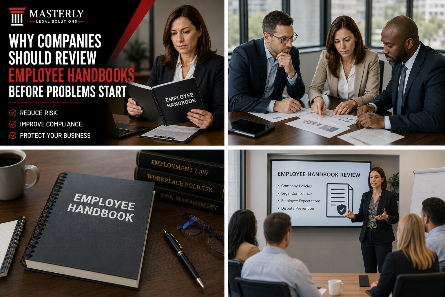 Employee handbook review process featuring a branded Masterly Legal Solutions cover, HR professionals reviewing workplace policies, an employee handbook document, and a compliance training presentation.
