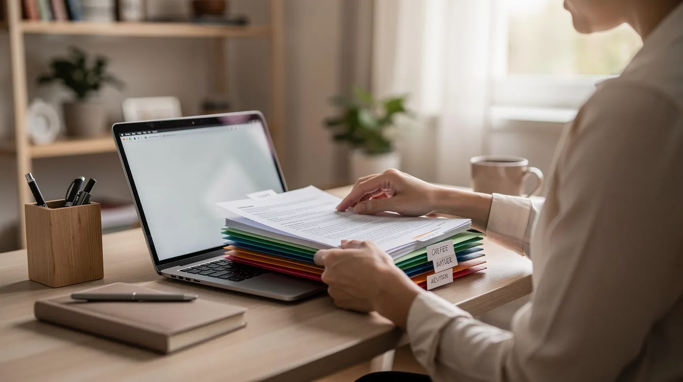 The image shows a person organizing documents and folders on a home desk, with an open laptop in front of them. The documents include various files related to employee performance and disciplinary actions, suggesting a focus on maintaining proper documentation for future reference in a school or educational setting.