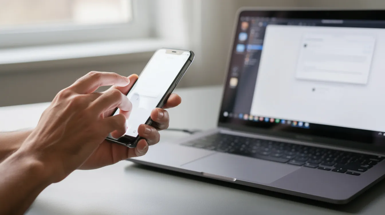 A person is carefully taking a screenshot on their smartphone while a laptop is open nearby, highlighting the importance of preserving digital materials and resources for future access and documentation. This act reflects the pivotal role of technology in knowledge transfer within educational settings.