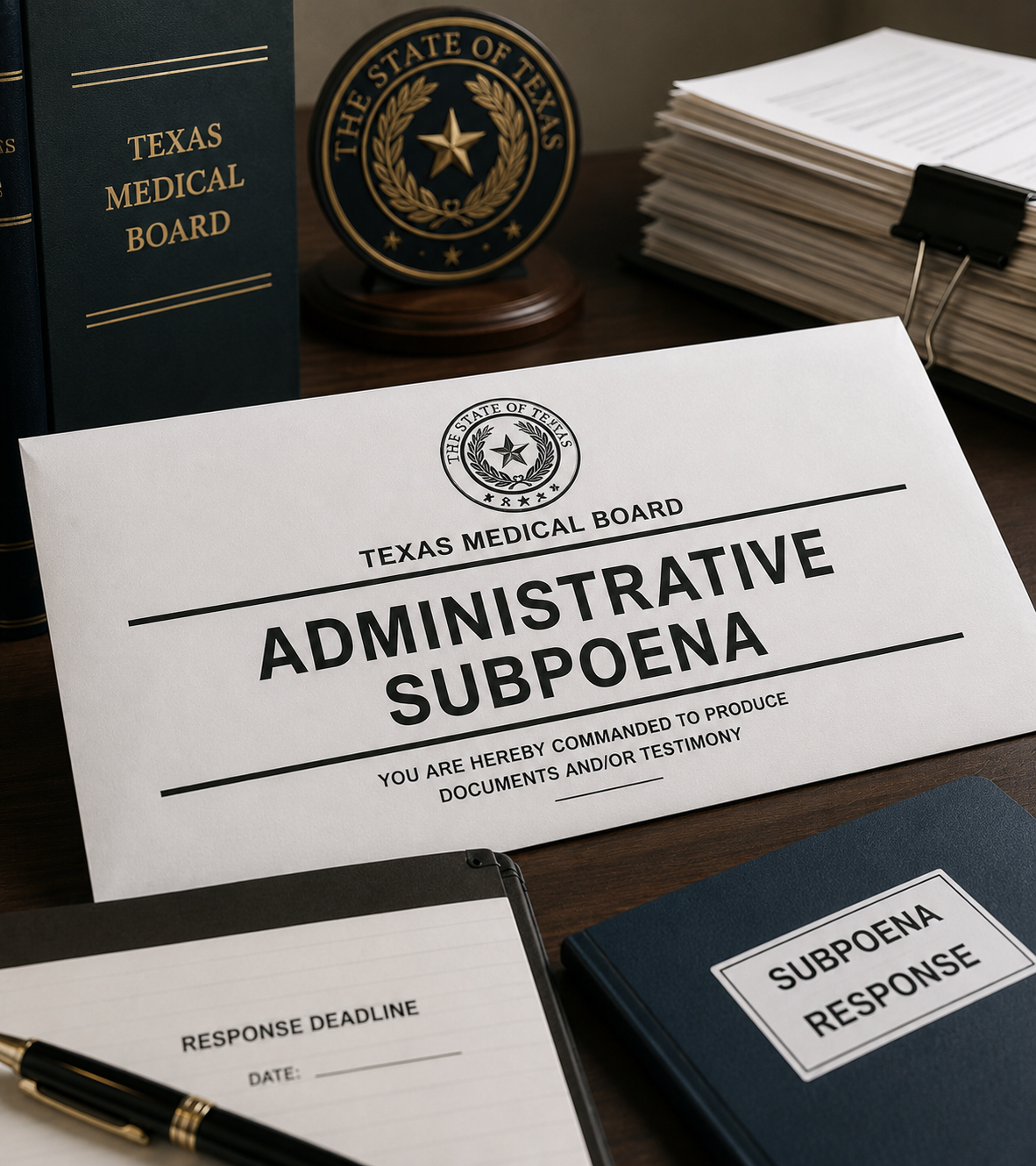 Texas Medical Board administrative subpoena paperwork on a desk, with a response envelope and stack of files