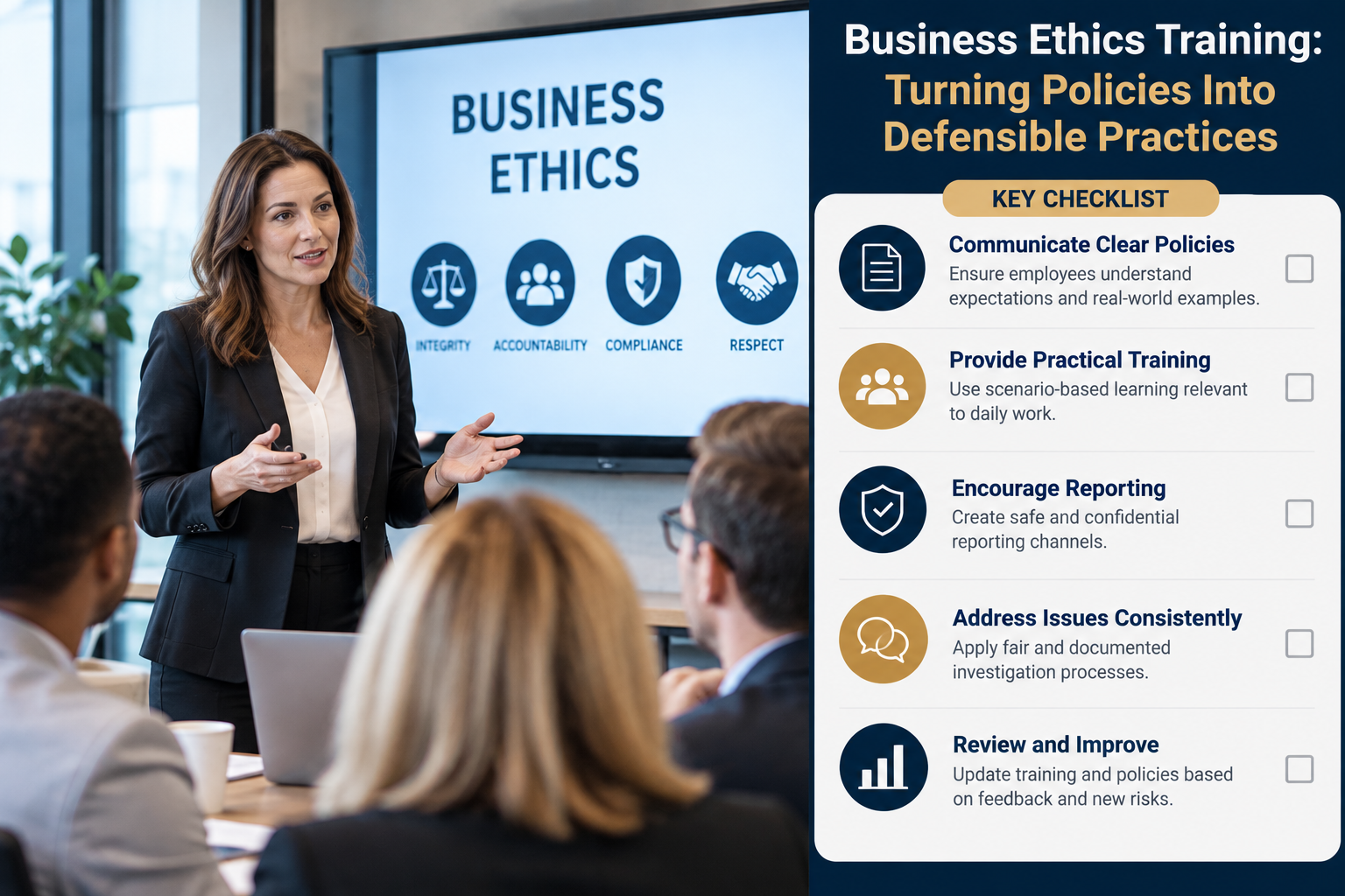 Business ethics training session with employees and a workplace compliance checklist.