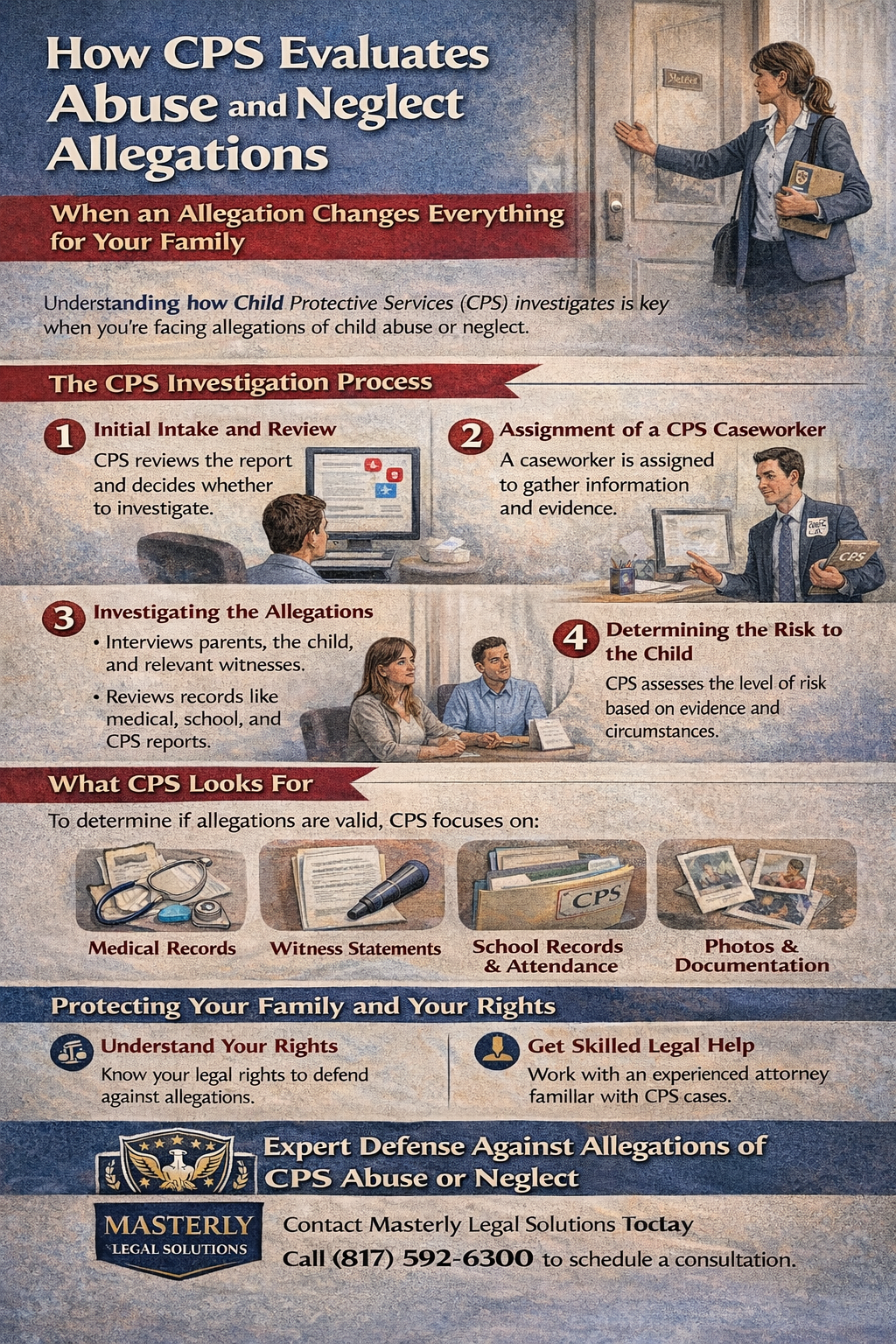 How CPS Evaluates Abuse and Neglect Allegations.” It features a CPS worker knocking on a door and scenes of interviews and document reviews, illustrating the investigation process.
The graphic explains that CPS investigations begin with an initial intake and review of a report, followed by the assignment of a caseworker who gathers information and evidence. It shows that CPS may interview parents, the child, and witnesses, review medical and school records, and assess the home environment.
A section highlights how CPS determines risk to the child based on evidence and circumstances. Another section lists the types of evidence considered, including medical records, witness statements, school records, and photos or documentation.
The infographic emphasizes protecting your family and your rights by understanding the process and seeking skilled legal help. It concludes with a call to contact Masterly Legal Solutions for assistance with CPS abuse or neglect allegations.