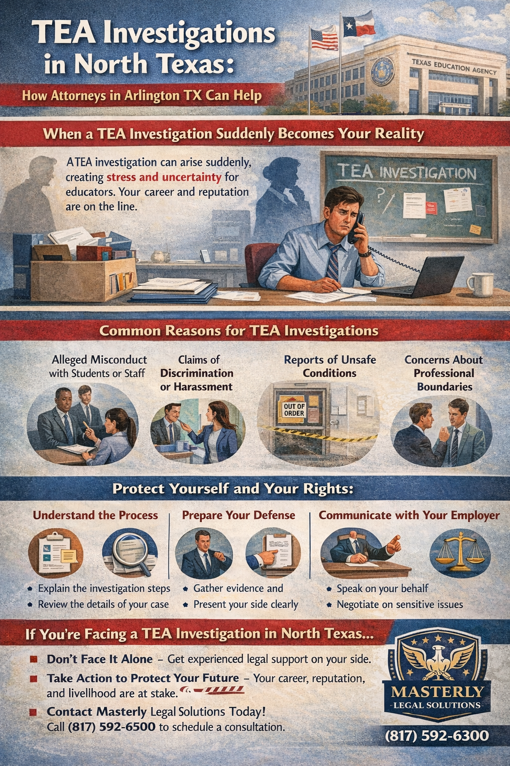 TEA Investigations in North Texas: How Attorneys in Arlington TX Can Help.” It features a stressed educator sitting at a desk while reviewing documents, with a classroom board behind them labeled “TEA Investigation.” The graphic explains that TEA investigations can arise suddenly and create stress and uncertainty, putting an educator’s career and reputation at risk.
A section outlines common reasons for investigations, including alleged misconduct involving students or staff, claims of discrimination or harassment, reports of unsafe working conditions, and concerns about professional boundaries.
Another section focuses on protecting your rights, highlighting steps such as understanding the investigation process, preparing a defense by gathering evidence, and communicating carefully with your employer.
The infographic concludes with a call to action encouraging educators not to face investigations alone, to take steps to protect their future, and to seek experienced legal support from Masterly Legal Solutions.