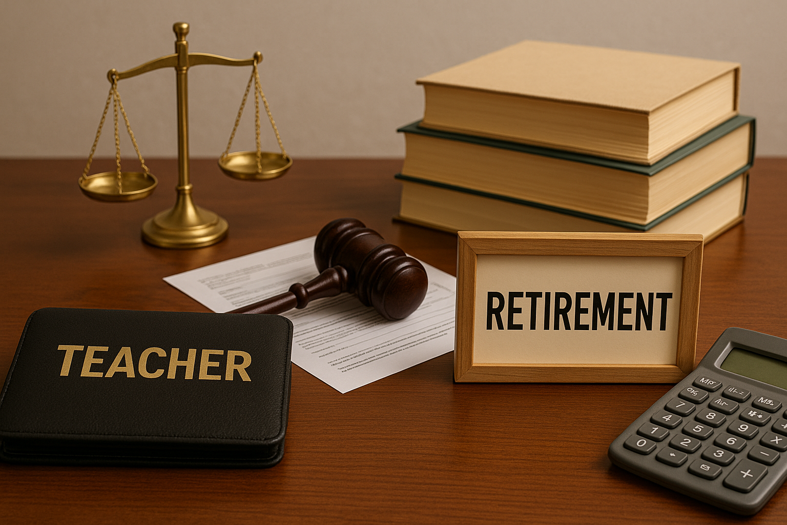 A teacher 's wallet sits on a wooden table next to a gavel and a calculator.