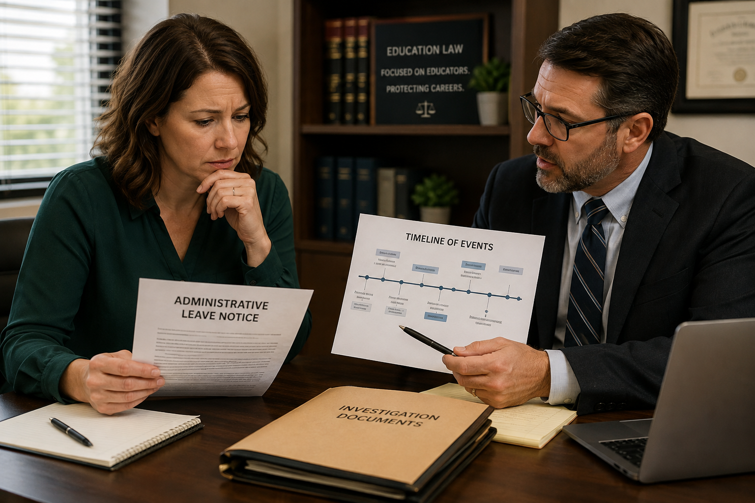 Texas teacher on administrative leave meeting with an education-law attorney about a school district investigation.