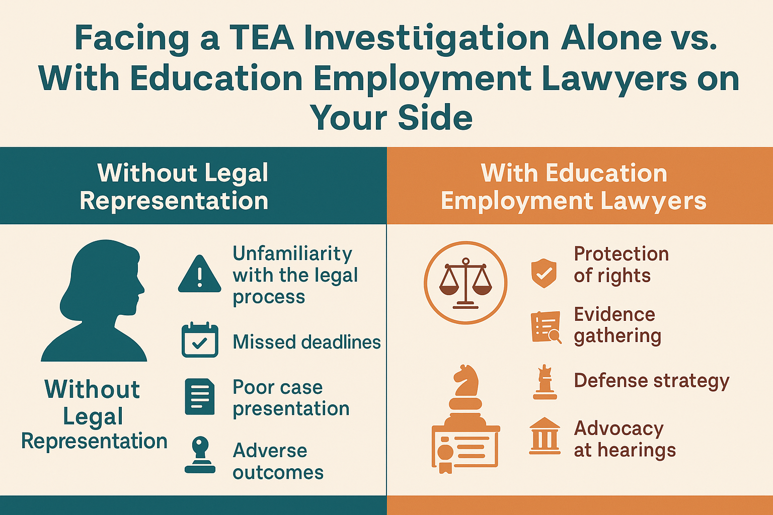 Infographic titled 'Facing a TEA Investigation Alone vs. With Education Employment Lawyers on Your Side.' The left side, labeled 'Without Legal Representation,' shows icons with risks: unfamiliarity with the legal process, missed deadlines, poor case presentation, and adverse outcomes. The right side, labeled 'With Education Employment Lawyers,' highlights benefits: protection of rights, evidence gathering, defense strategy, and advocacy at hearings. The design contrasts teal and orange panels with icons like a silhouette, scales of justice, shield, and chess pieces.