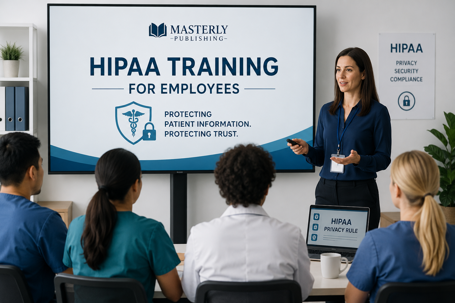 HIPAA training checklist infographic for employees featuring six essential steps for protecting patient information, including understanding HIPAA basics, protecting PHI, safeguarding information, thinking before sharing, reporting privacy concerns, and completing annual training, with key privacy and security reminders.