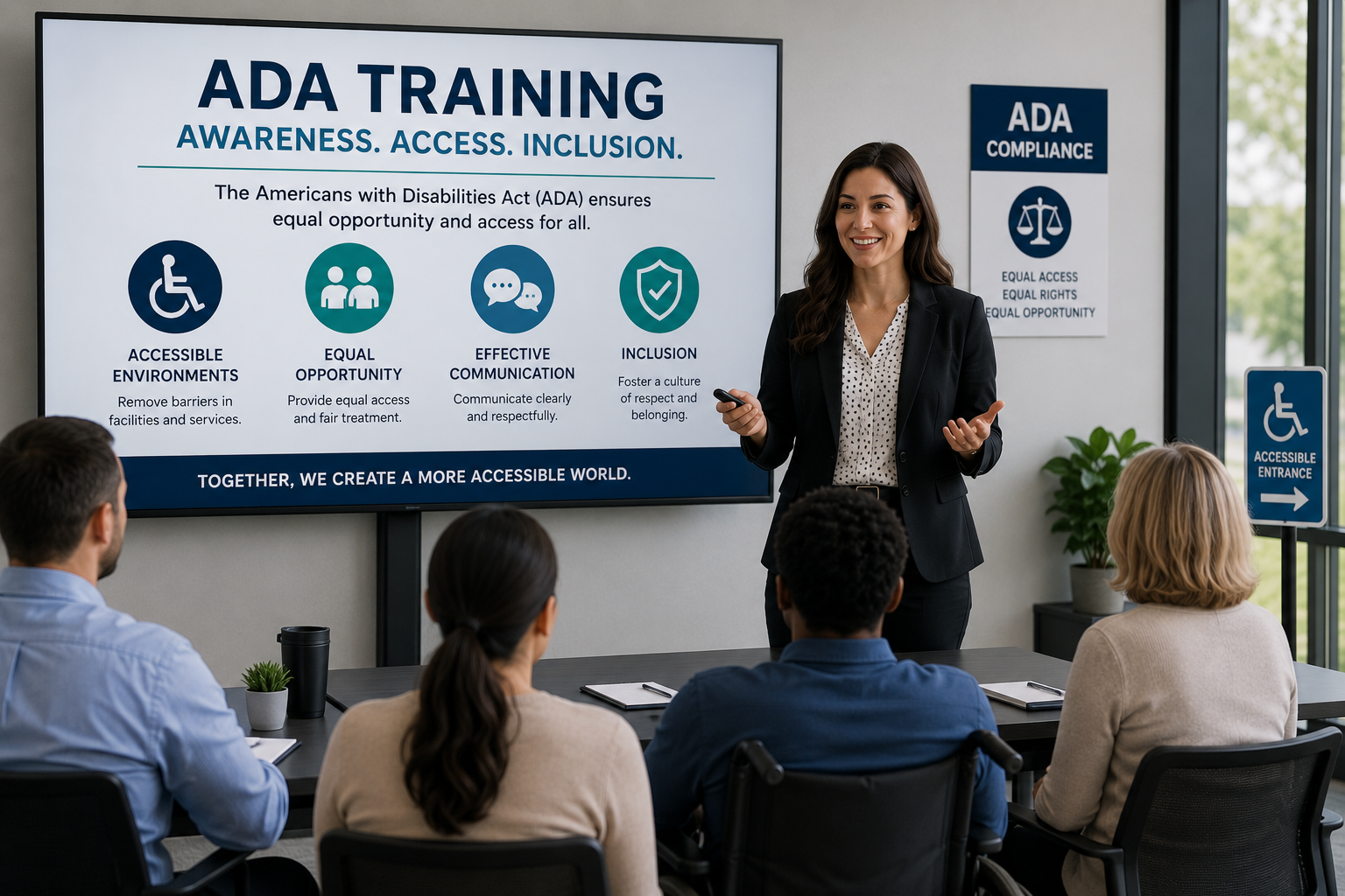 Professional ADA training session with employees learning about workplace accessibility, equal opportunity, effective communication, inclusion, and ADA compliance.