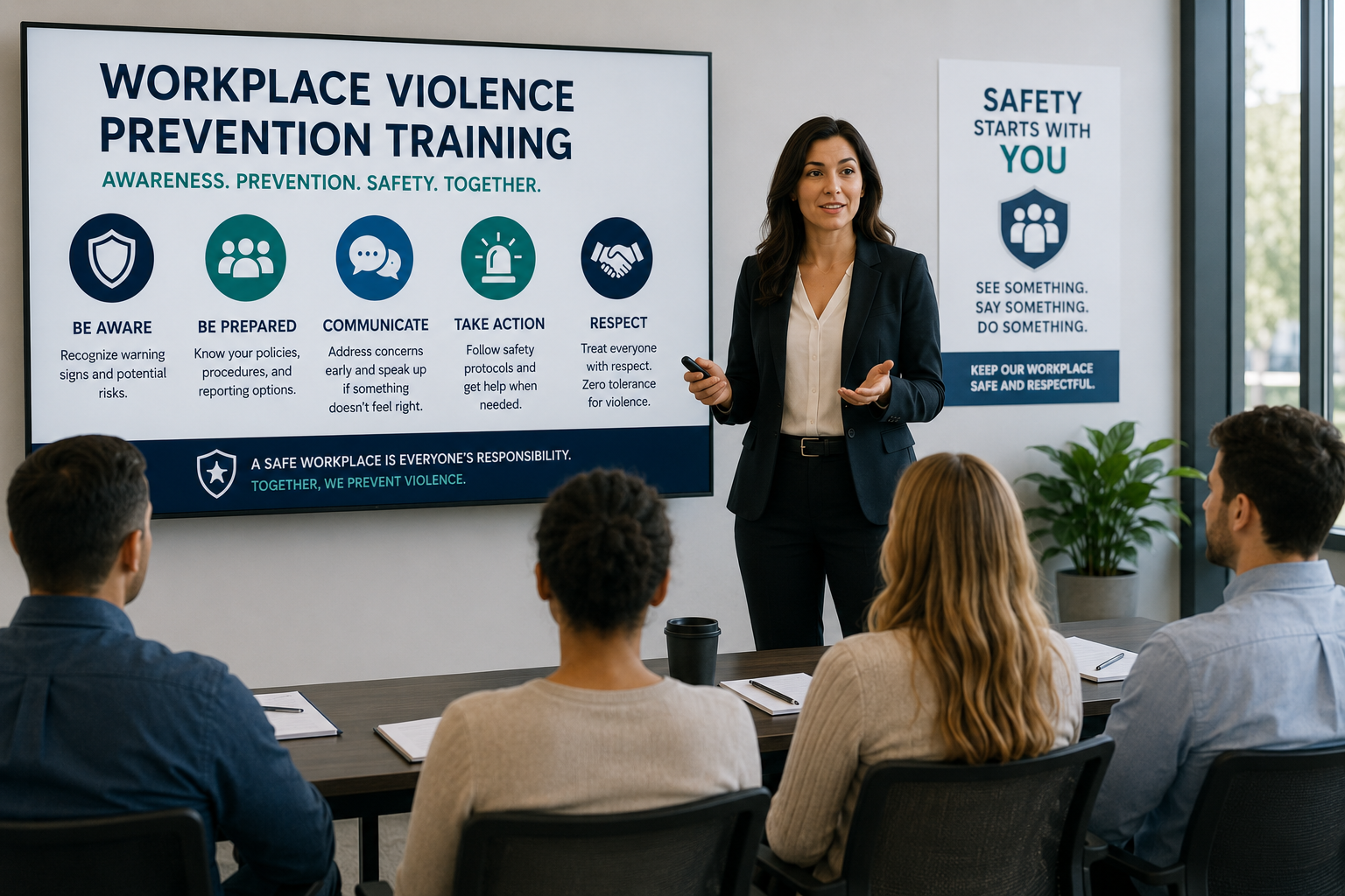 Professional workplace violence prevention training session with employees learning to recognize warning signs, communicate concerns, follow safety procedures, and help maintain a safe and respectful workplace.