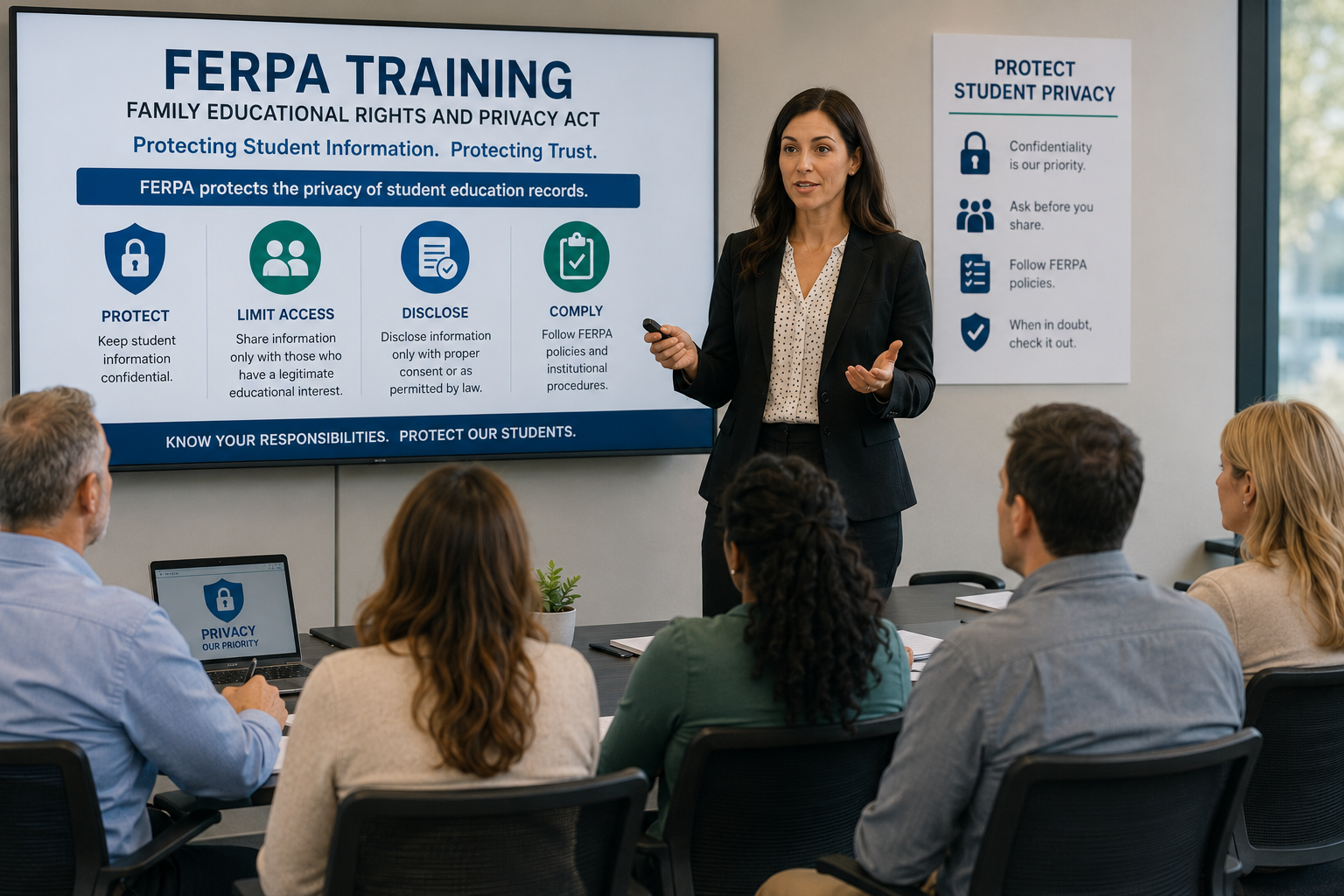 Professional FERPA training session with employees learning how to protect student education records, maintain confidentiality, limit access, follow disclosure requirements, and comply with student privacy policies.