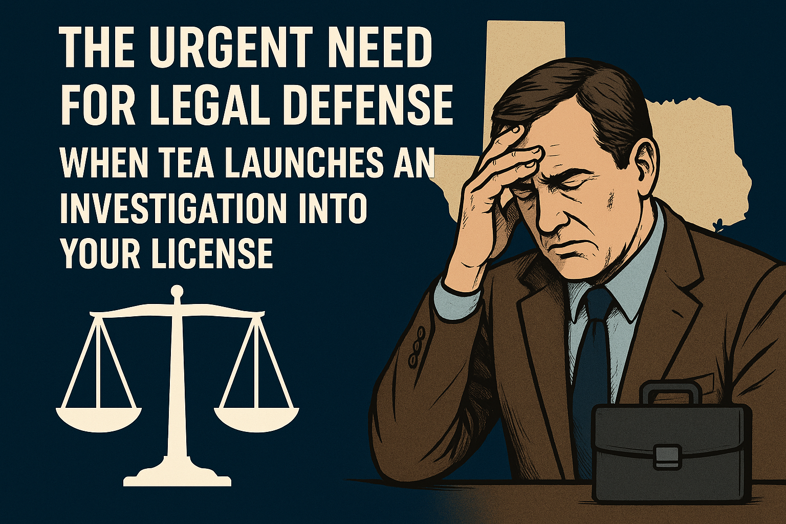 Illustration of a serious-looking man in a suit holding his head in concern, seated beside a briefcase. Behind him is a beige silhouette of Texas. To the left, a white scale of justice is displayed on a dark blue background. Bold white text reads: