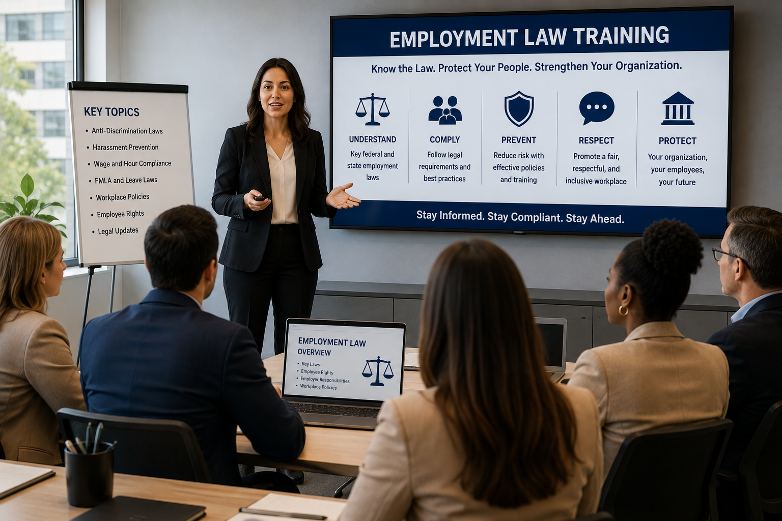Employment law training checklist covering workplace compliance, anti-discrimination, harassment prevention, wage and hour laws, employee rights, reporting procedures, and training best practices.