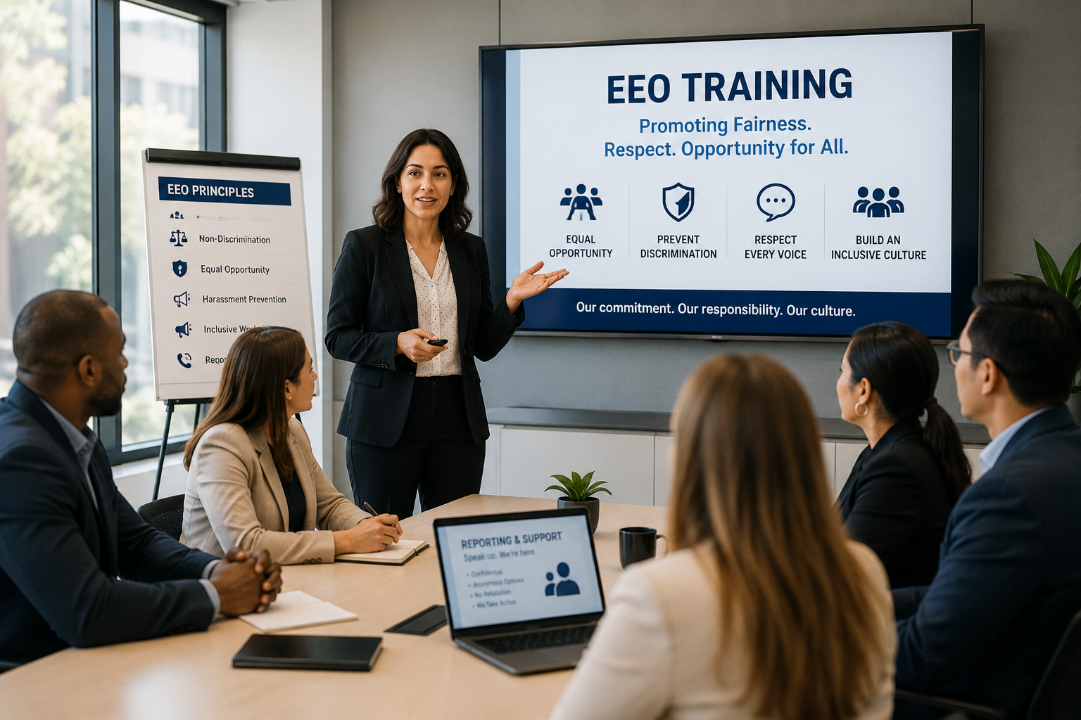 Professional EEO training session with a presenter educating employees about equal opportunity, discrimination prevention, workplace respect, and inclusive practices.