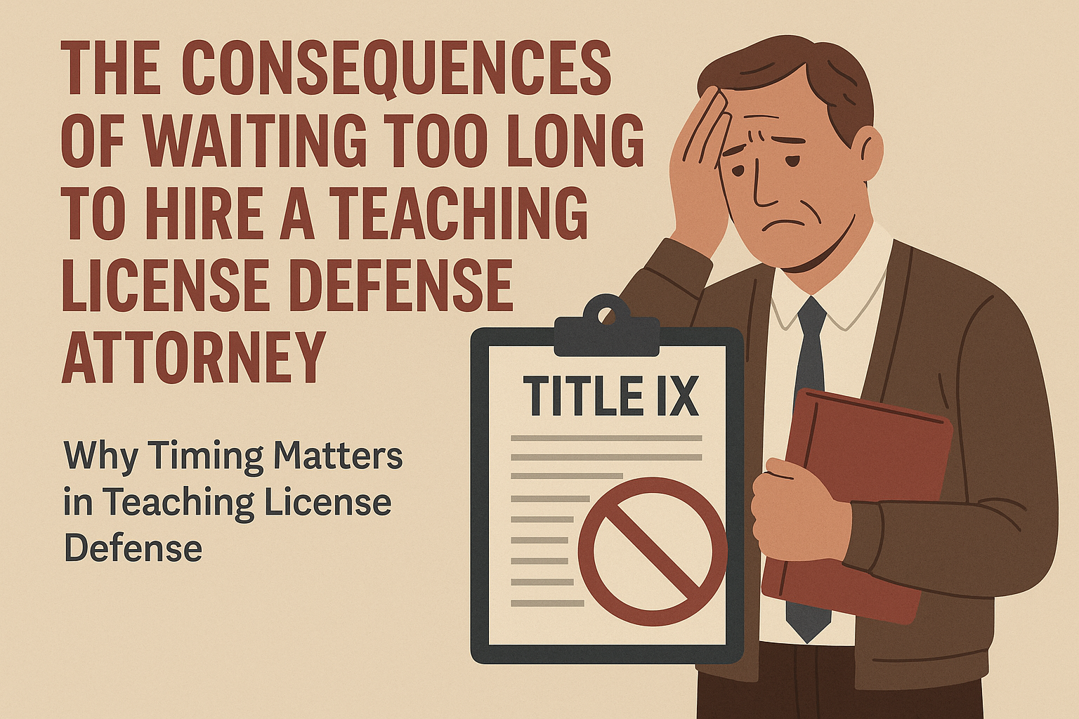 The Consequences of Waiting Too Long to Hire a Teaching License Defense Attorney.” A subtitle reads “Why Timing Matters in Teaching License Defense.” On the right, an illustration of a worried male teacher in a suit holding a book. Beside him is a clipboard labeled “Title IX” with a large red prohibition symbol, representing the urgency of legal defense in educator Title IX cases.