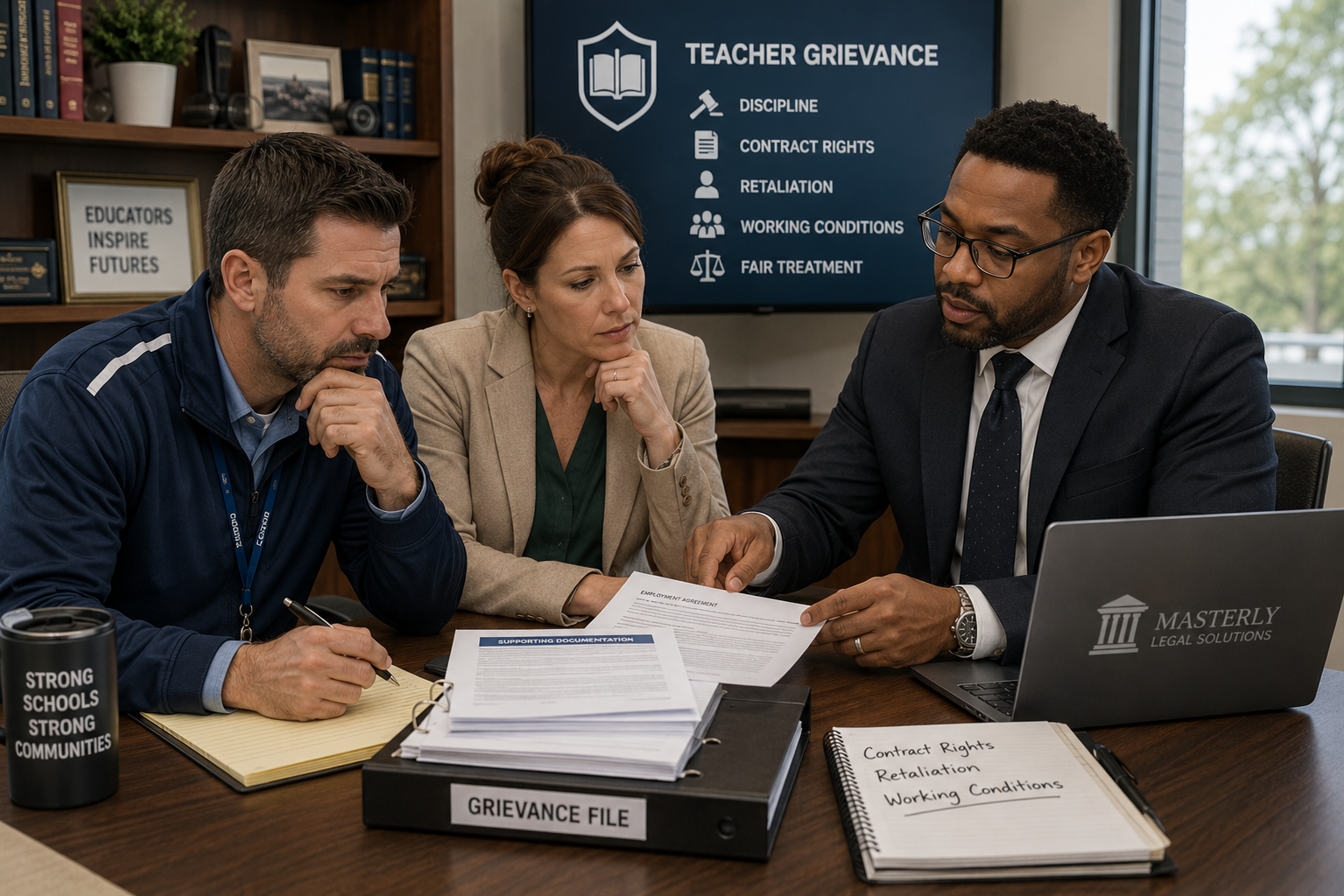 Teacher reviewing grievance documents with a teacher grievance attorney.