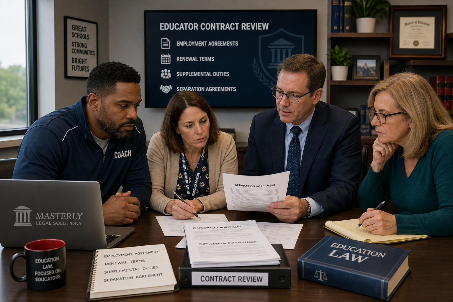 Educator reviewing an employment contract with an educator contract review attorney.