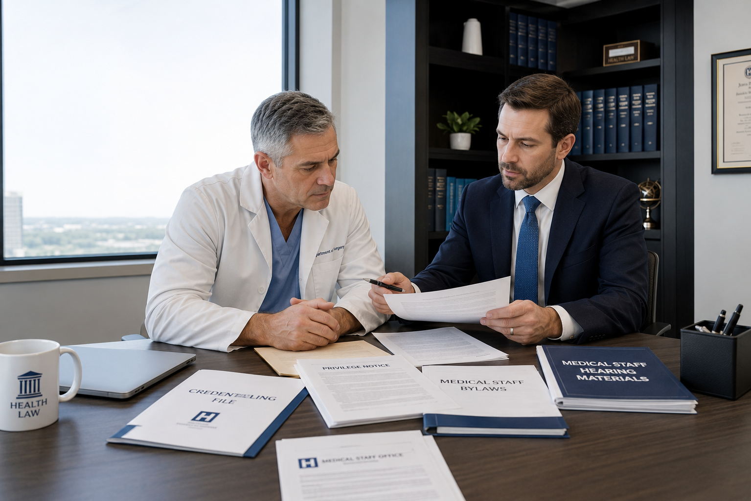 Physician reviewing hospital privilege hearing documents with an attorney.