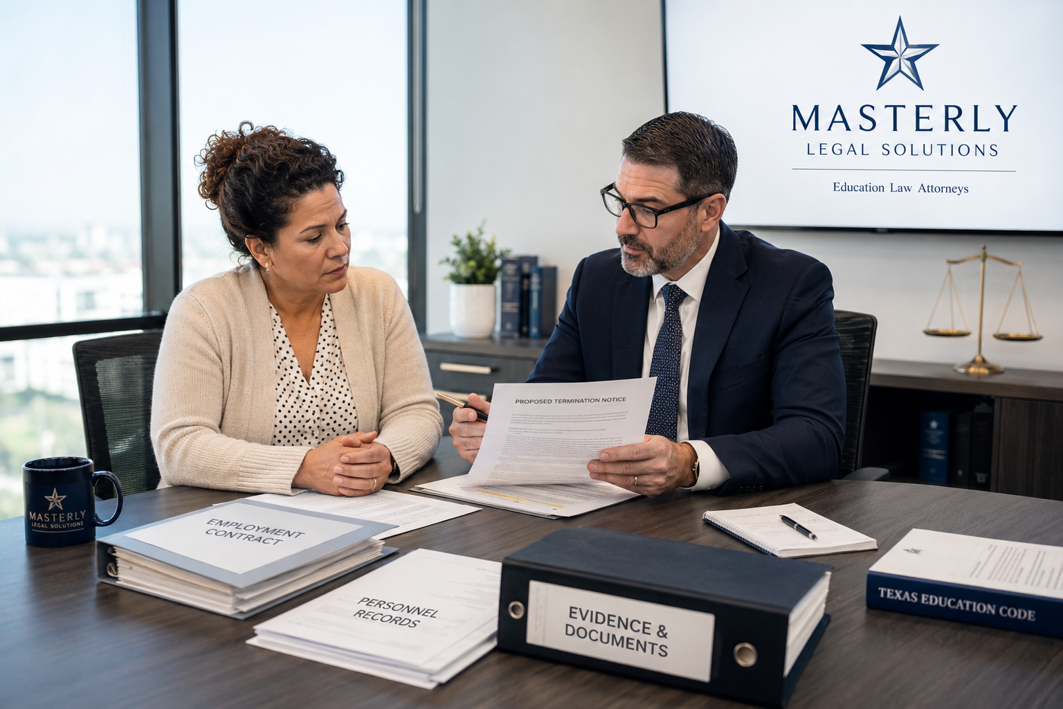 Texas educator reviewing termination hearing documents with an educator termination hearing attorney before a school board hearing.