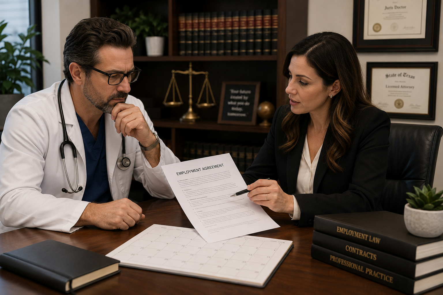 Physician meeting with a physician noncompete attorney to review a medical employment agreement before changing practices.