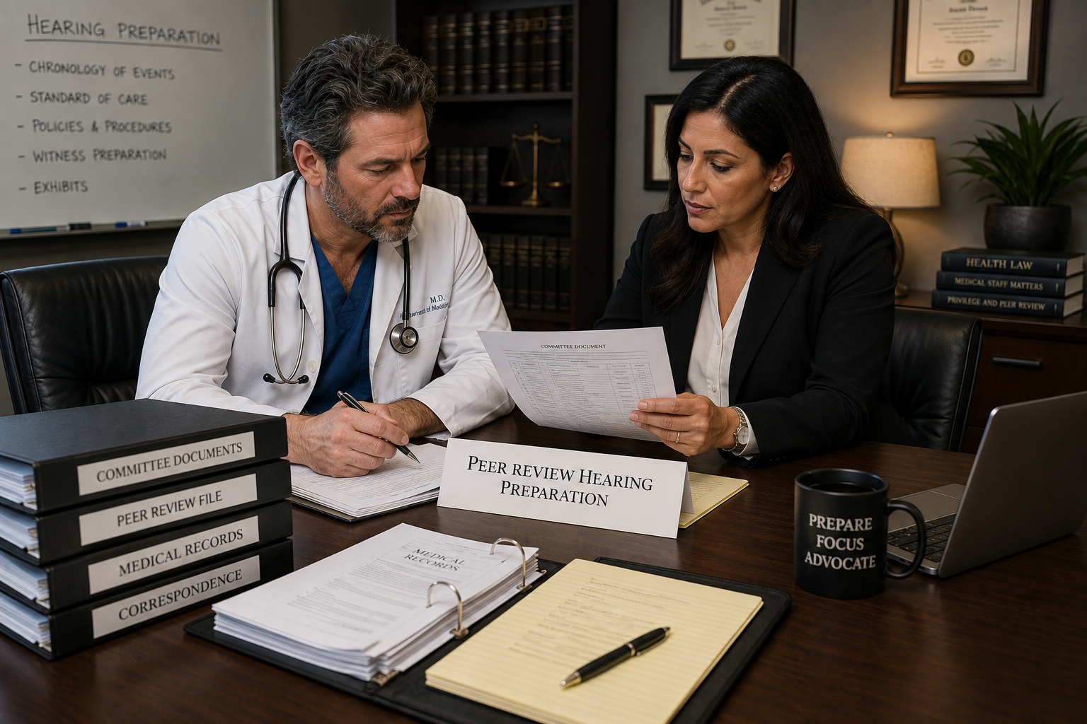 Texas physician meeting with a medical peer review hearing attorney to prepare for a hospital committee hearing.
