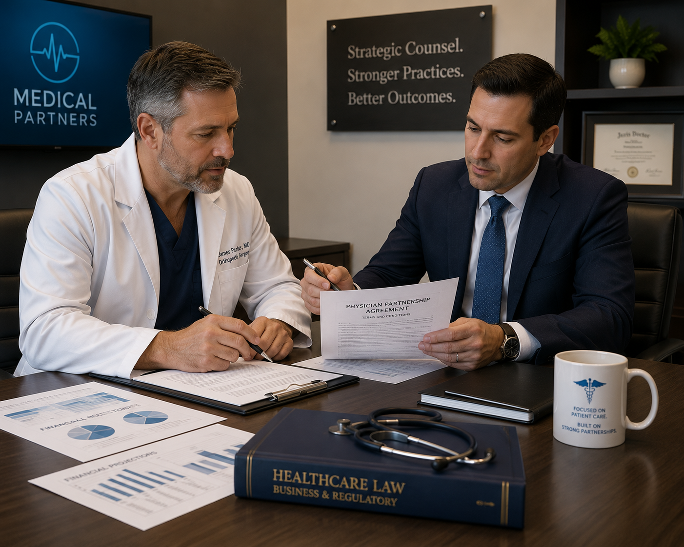 Healthcare attorney reviewing a physician partnership agreement with a doctor considering a medical practice buy-in in Texas.