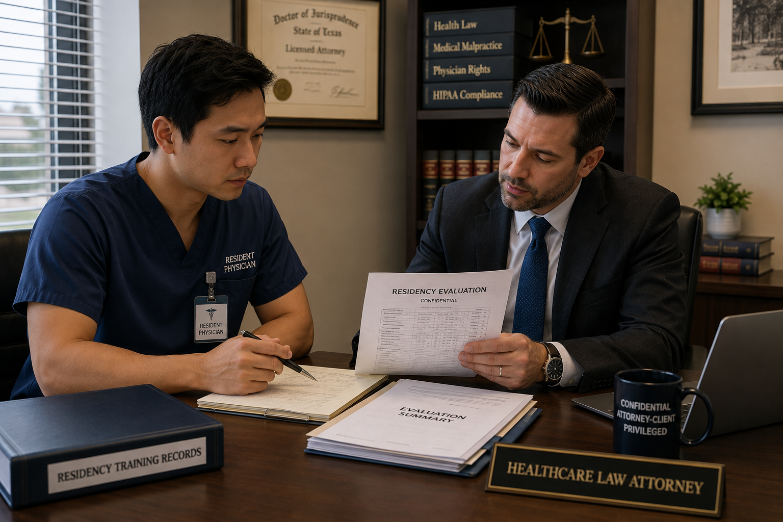Healthcare attorney reviewing a medical residency dismissal notice and residency records with a physician resident in Texas