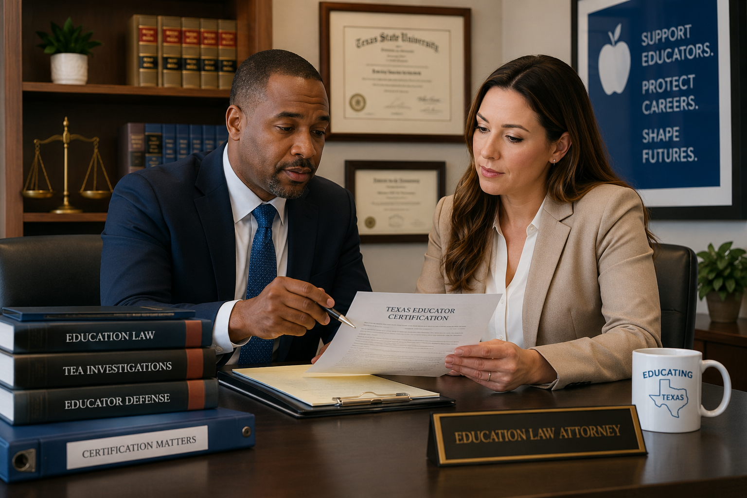 Teacher meeting with an education law attorney to discuss a teacher certificate suspension before a Texas educator certificate hearing.