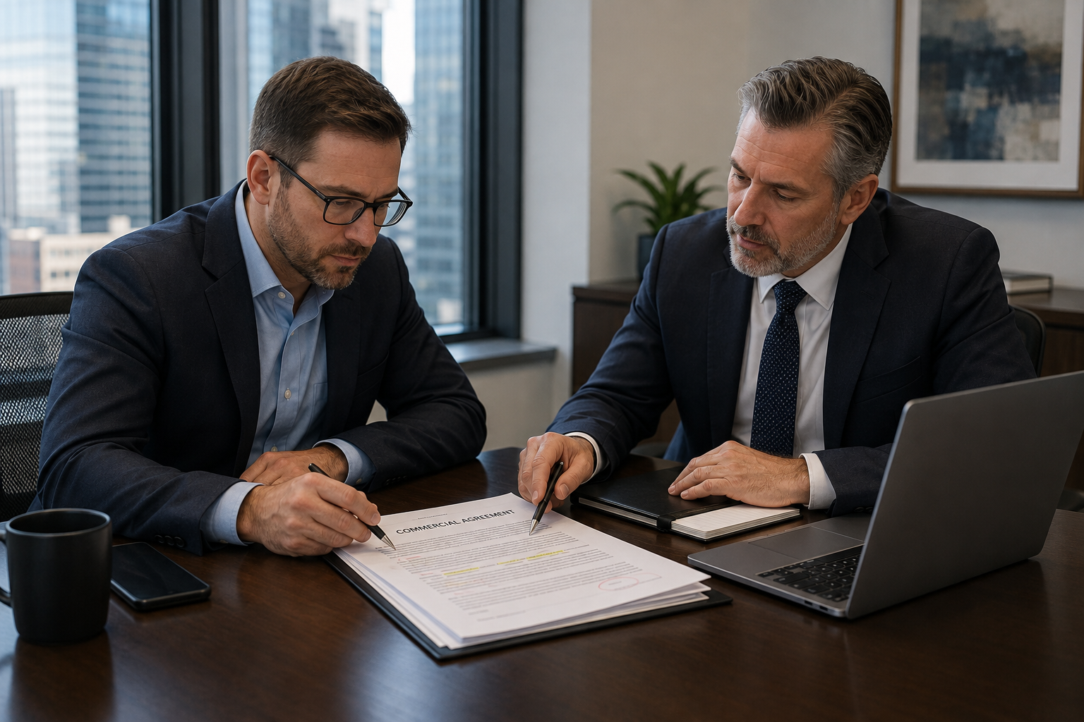 Business contract lawyer reviewing a commercial agreement with company executives