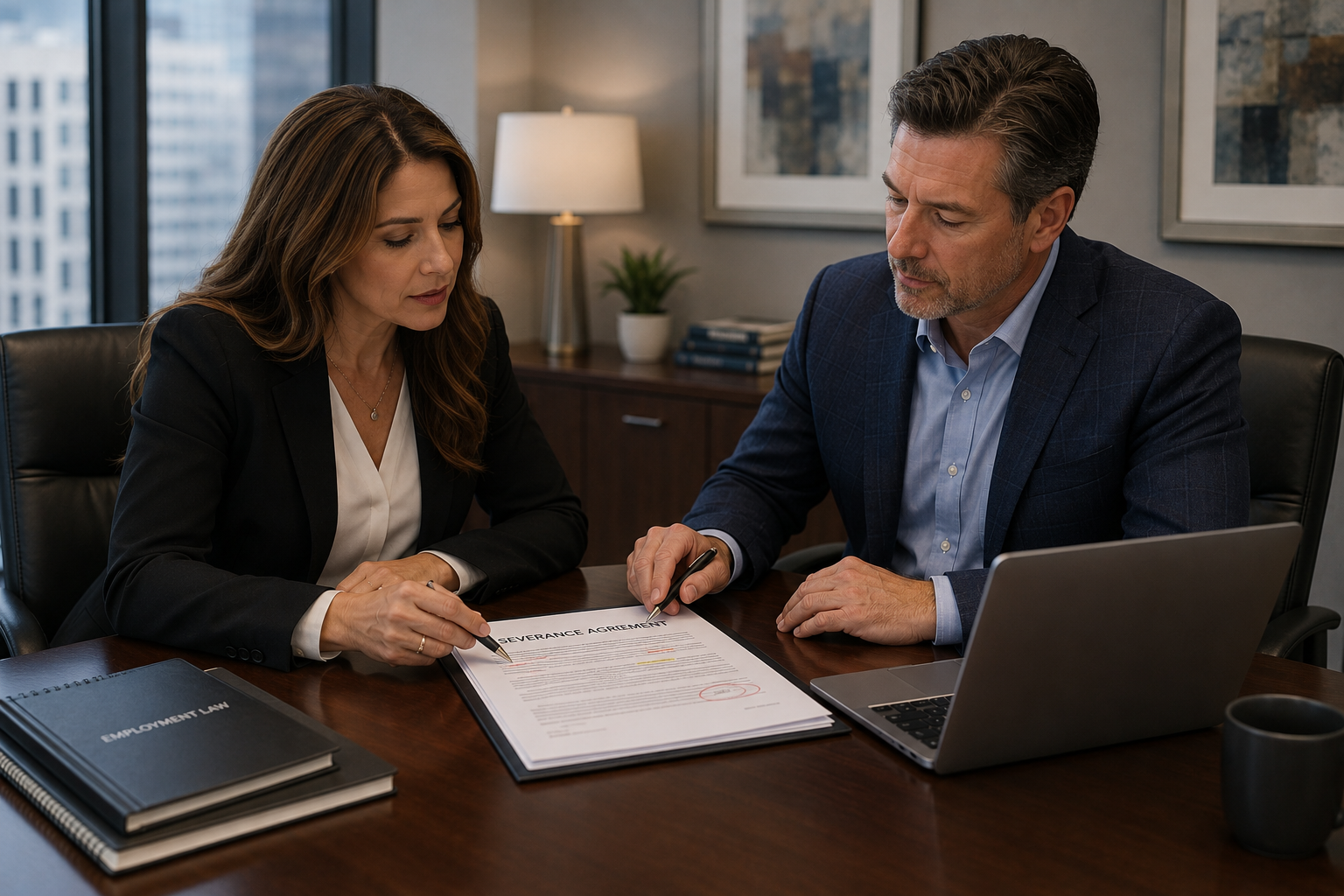 Severance agreement lawyer reviewing separation terms with an executive